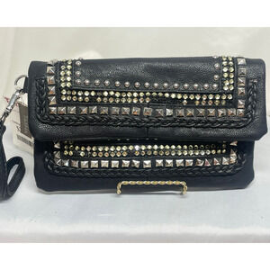 Tasha Wristlet Purse 9"W Studs Rhinestones Black Faux Leather New Missing Beads